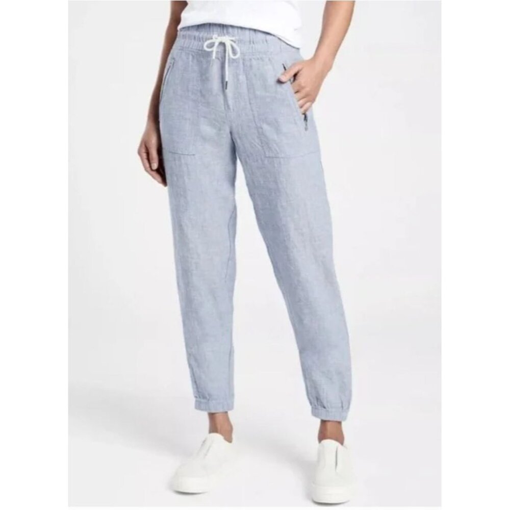 NWOT Athleta Chambray Blue Linen Cabo Jogger Pants 8 Relax Fit MSRP$89 Beach